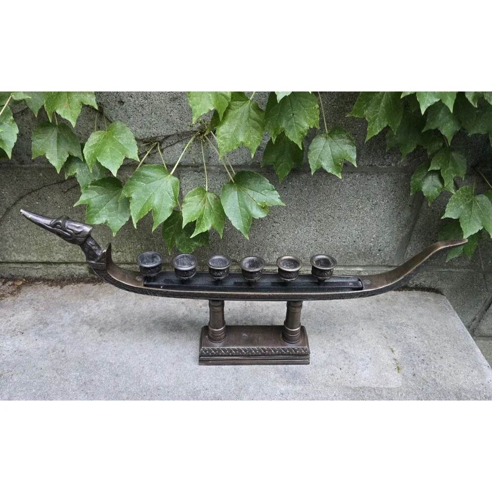 Dragon Boat Gondola Supannahong Sami 6 Candle Holder Vintage Heavy Bronze 22